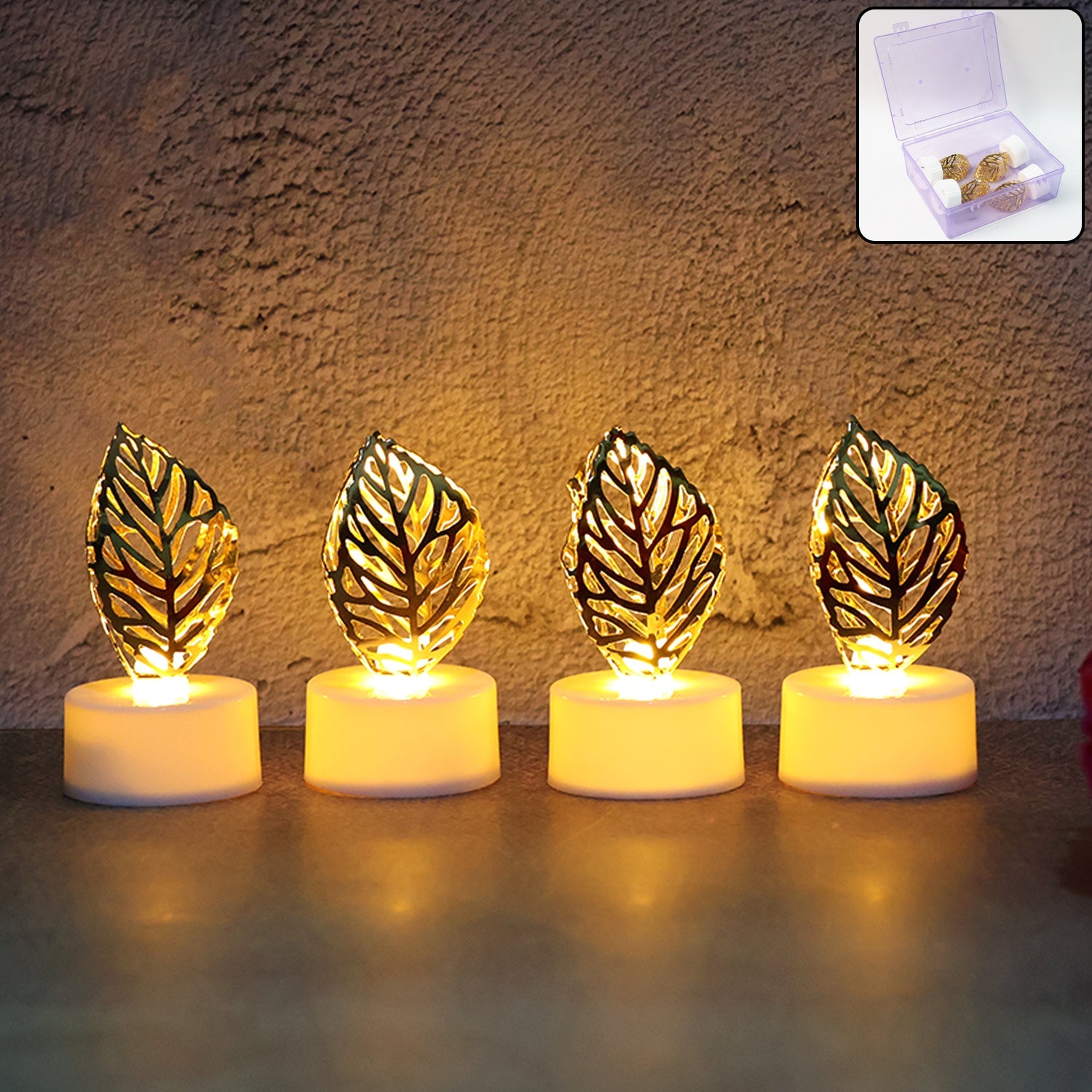 Decorative Golden Leaf Shaped Flameless LED Candles (4 Pc) Decorative Golden Leaf Shaped Flameless LED Candles (4 Pc)